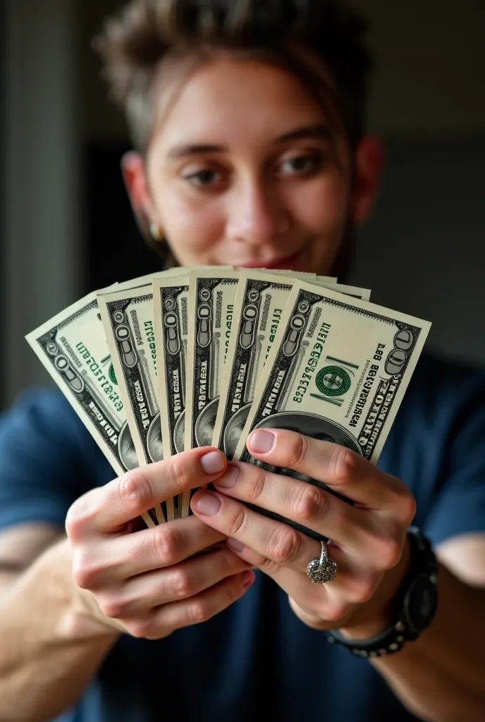 Photorealistic image of me, similar to the reference image, holding a stack of crisp, new US dollar bills, clearly showing the portrait of President Lincoln, wearing a bracelet. 