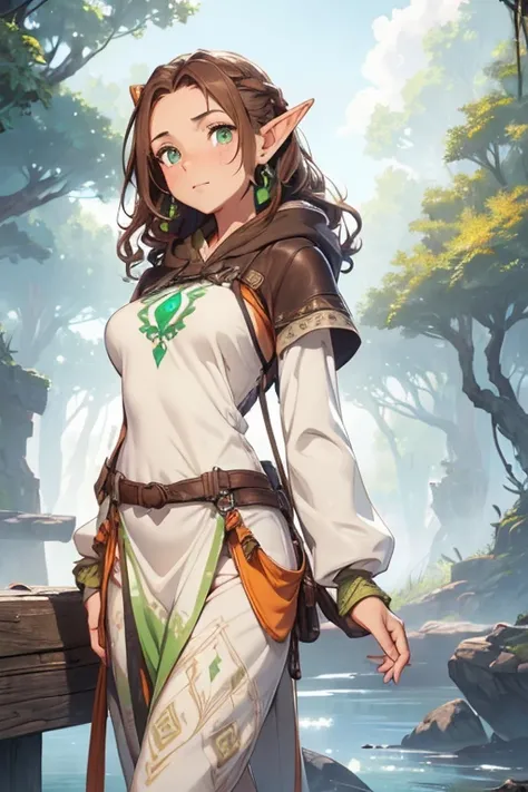 ((best quality))) (((HD))) (((8k))) (character) 20-year-old woman, ((adventurous)), (beautiful and serious), (long pointy ears), freckles, elf, short stature and plump, chunky ((large breasts:1.2)), (wide hips:1.2), (brown hair:1.2), medium length and held...