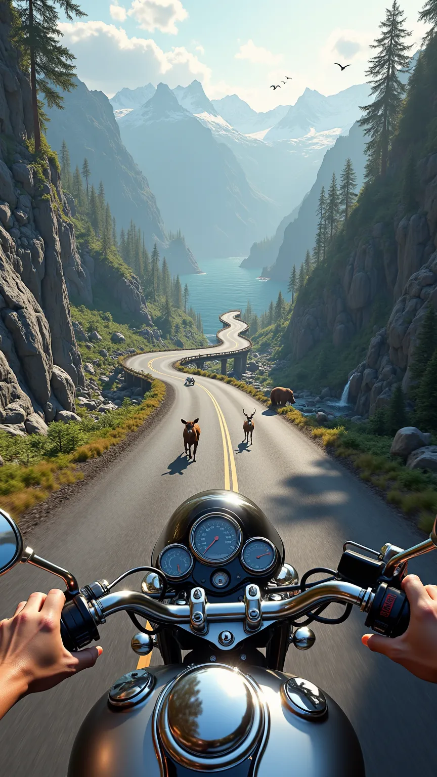 Create an ultra-realistic POV (first person view) image as if I were riding a Harley Davidson-style motorcycle, my hands firmly on the handlebars, the chrome tank and speedometer reflecting the soft morning light as I cruise along a winding road high above...