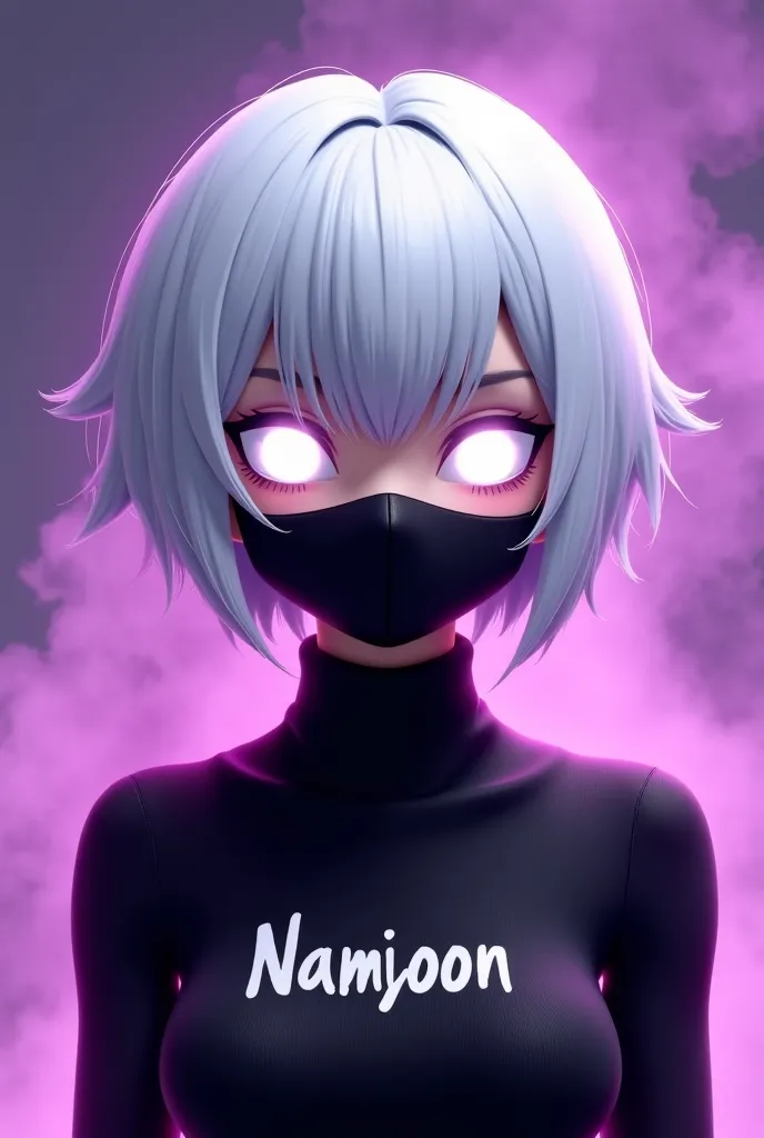 a feminine skin from Free Fire with short white hair with a fringe covering the left eye using a black mouth mask, totally white glowing eyes, a black turtleneck shirt written Namjoon, a purple background with smoke a glow around the character