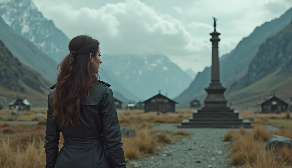 "A woman standing in front of a monument in a remote village, with mountains in the background. The atmosphere is calm but carries a sense of lingering danger. The aspect ratio is 16:9, with a reflective and slightly ominous tone."

