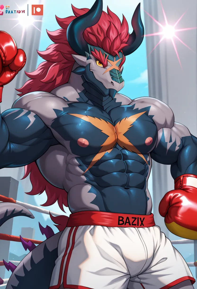 Batzz,Future Card Buddy fight,dragon,male,aldult, alone,4K, best quality,,Show muscles,Upper Exposed , bare chest ,Chest muscles, Pink nipples,  ,Biceps, square scar on chest ,dragon tail, are anatomically correct,pride, soft shadows , majestic detailed fa...