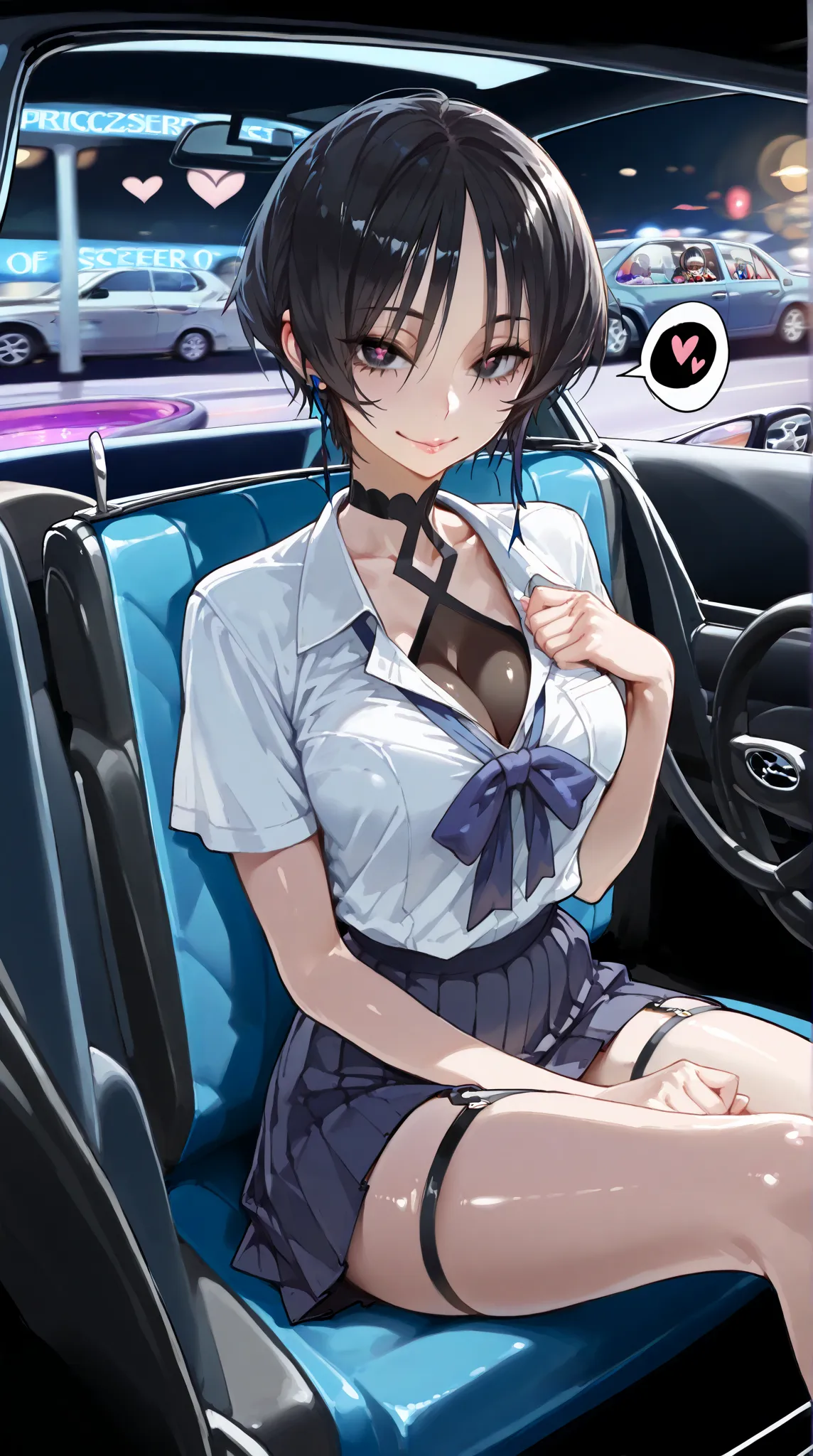 limousine, in the car, nighttime,
girl, early , cute, cheerful, reality beautiful skin 、((oily skin)),  dark eyes、((Eye Ring)), Narrow, sharp eyes、Thread、multicolored black hair、 Pixie Shortcut Hair, sitting seat, both hands on chest, Black smoke glass 、Ni...