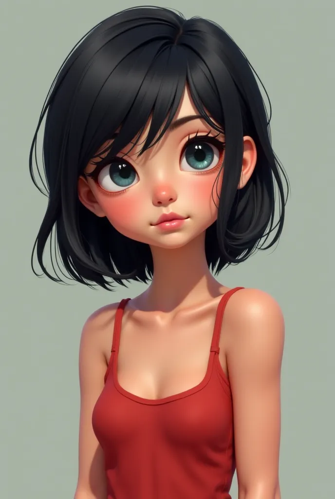 13 y/o marinette dupain-cheng topless and wearing a skirt with her raven hair down and bluebell eyes.