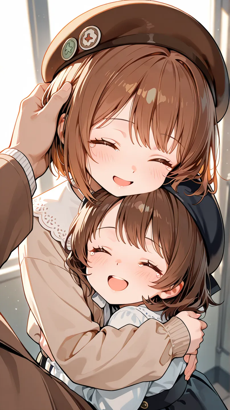 POV, 1girl, loli, white blouse, beret, brown jacket, black skirt, brown hair, short hair, closes eyes, smile, tears, hugging, head on chest, open mouth