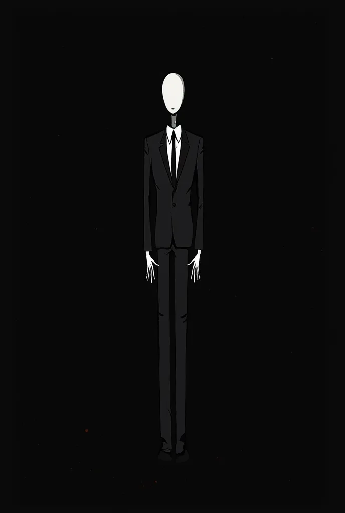 The image is dominated by a figure known as Slender Man. He is exceptionally tall and thin, with unnaturally long limbs. His body is almost entirely obscured by a dark suit, which appears to be black or a very dark gray. The suit is formal, consisting of a...