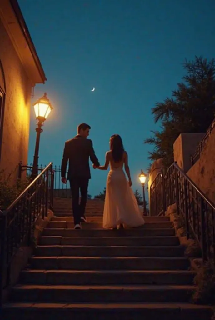 This scene is a beautifully framed, cinematic moment captured on TikTok. It features a romantic setting with a couple on a staircase under warm streetlights against a deep blue evening sky. The man is seen gently holding the woman’s hand, seemingly leading...