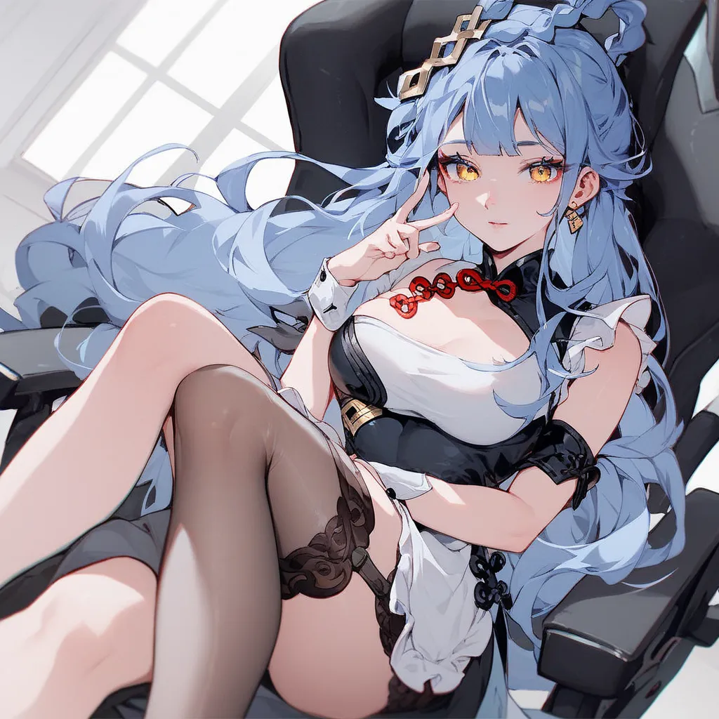 score_9, score_8_up, score_7_up, 1girl, long hair, hair ornament, dress, bare shoulders, blue hair, yellow eyes, braid, blue dress, chinese clothes, china dress, light blue hair, A woman is sitting on a pink and white gaming chair in an indoor setting. She...