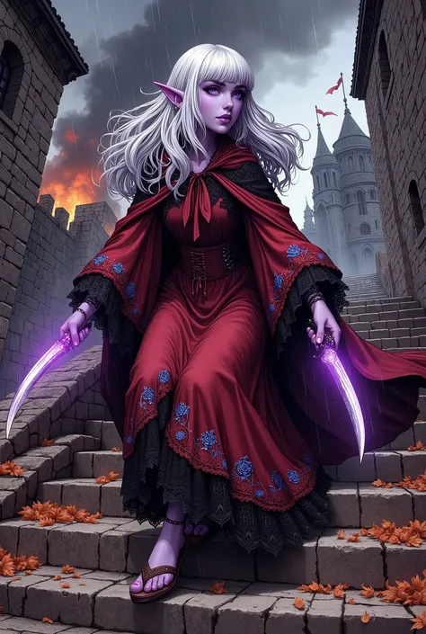 (Ultra-detailed face, Looking away, Gothic Illustration, Dark tone colors. She has five fingers on her hands and five toes on her feet.), BREAK
(The composition looks up from the bottom of the stairs, a battle in a medieval European fortified city, the ca...