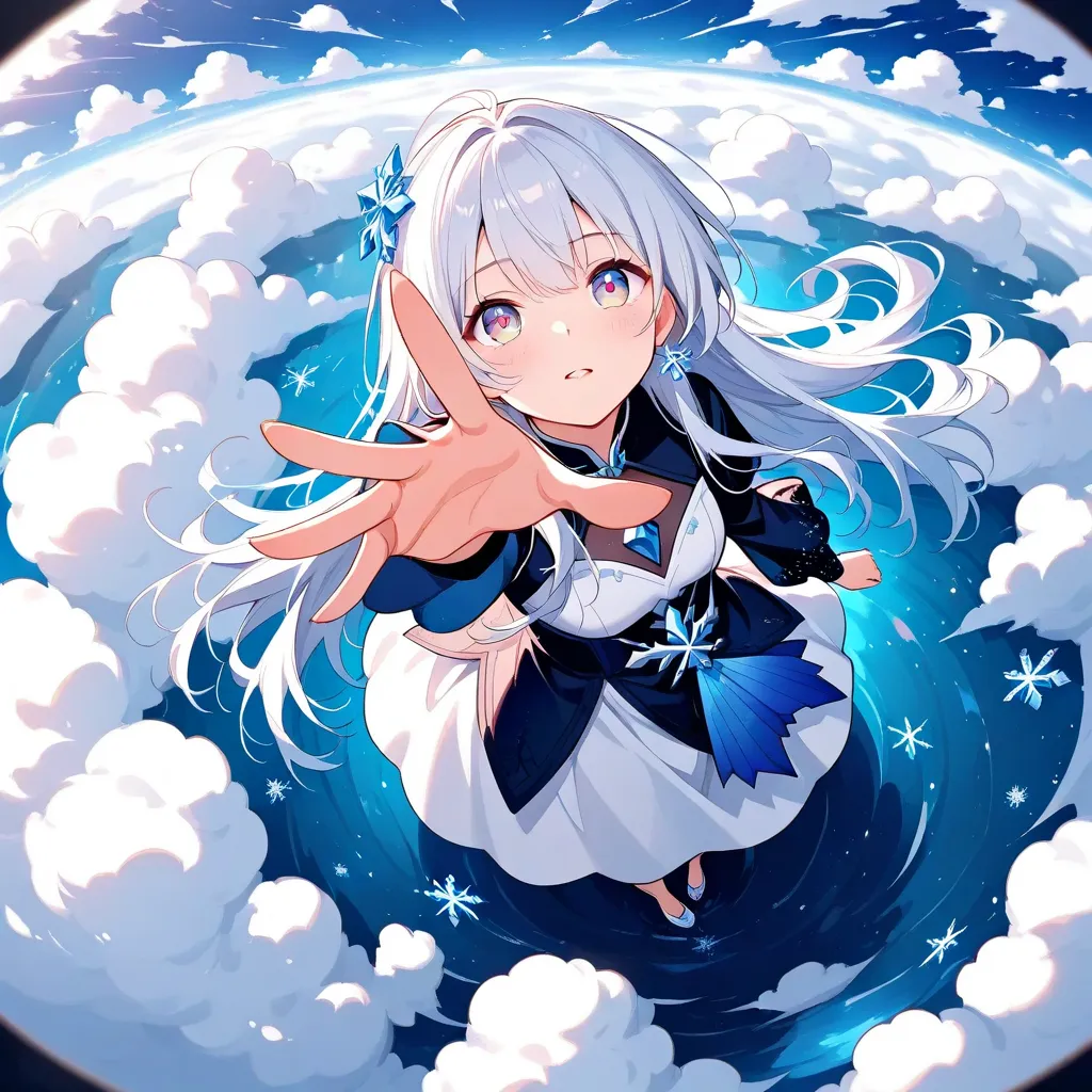 Top view:1.37.(1冰雪王后- color eyes-long hair, Dress，Alone).(outstretched arm,outstretched hand,reaching,reaching out).sky beneath feet,Blue sky and white clouds, fluffy clouds，snowflake❄，Extreme cold ，Blue crystal.fisheye perspective,top view，snowflake边框