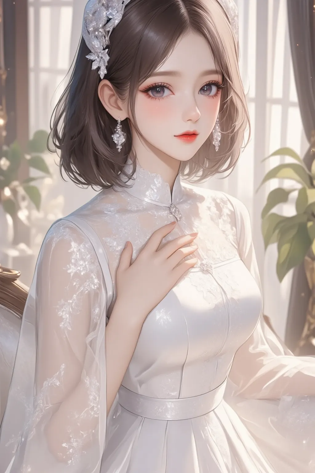 best quality, ultra-detailed, 1girl, huge filesize, wallpaper, day, indoor, chair, curtain, bishoujo, black hair, long hair, bob cut, black eyes, red eyeshadow, big breasts, whitedress, hair bow, smirk, stand, head tilt, hand on own chest, gorgeous,hanfu,