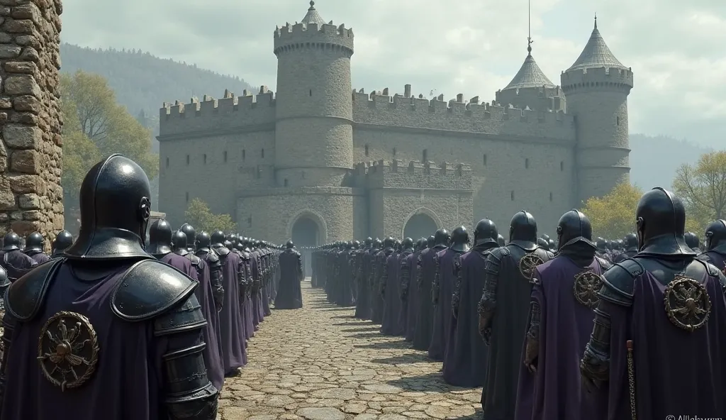 Medieval city, fortified city, military garrison, very few soldiers, soldiers wear black and purple armour