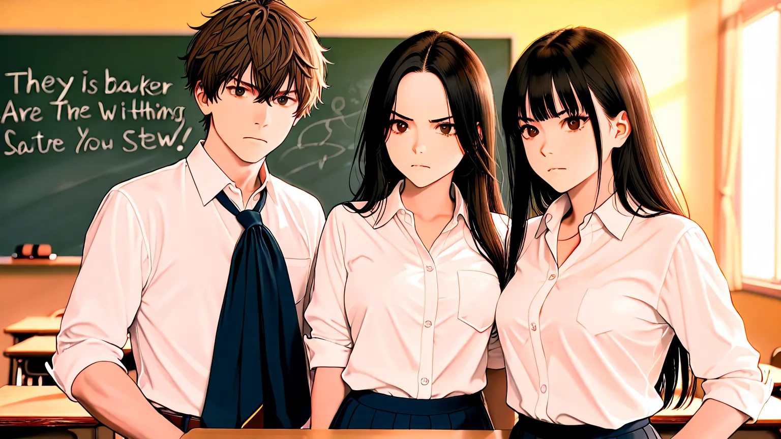 An 18-year-old high school boy and girl are talking in the classroom、Serious hair and clothes、blackboards and classroom desks are depicted、nothing is written on the blackboard, and there are traces of slight erasure、They are both wearing uniforms、Boys have...