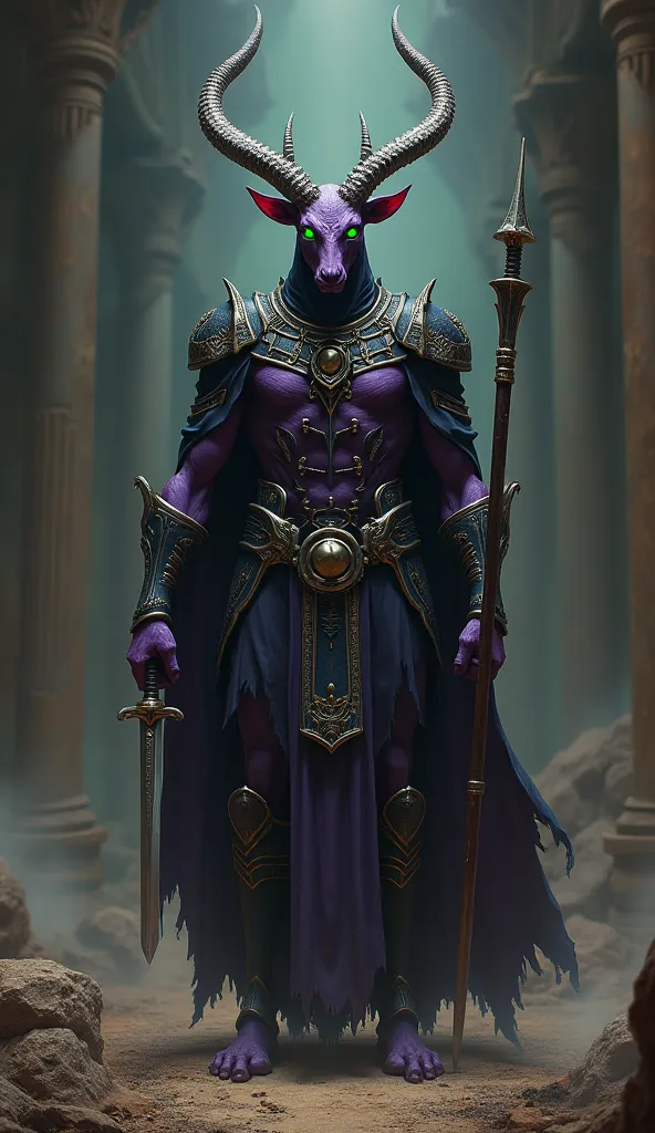 Seth with an antelope head and green eyes , Your humanoid body asks for dark purple, wearing black armor with Egyptian ornaments, Carrying a dagger and a staff, Your expression shows an evil being

