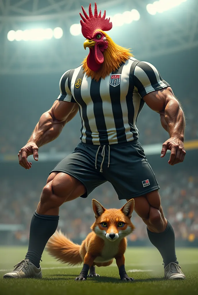 very strong rooster-headed man wearing a black and white striped shirt in a football stadium stepping on the head of a weak and thin fox in high definition