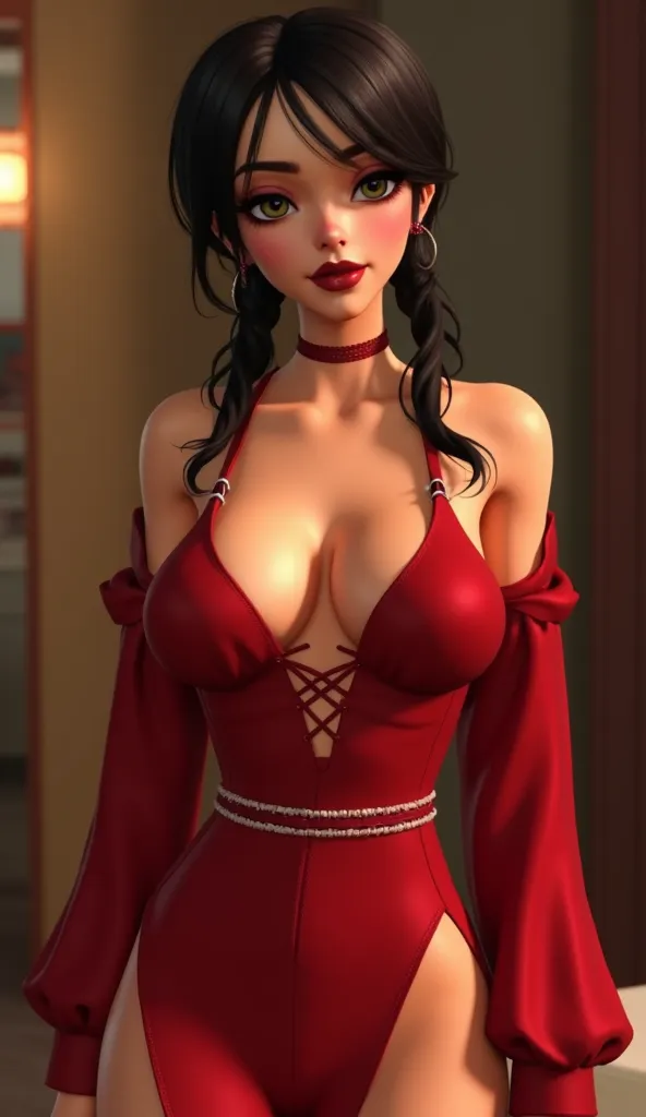 The image depicts a woman with stylized, possibly digitally rendered features. She is dressed in a provocative red outfit.

**Head and Hair:**

*   **Hair:** Her hair is dark, possibly black or dark brown. It's parted on one side and appears to be pulled b...