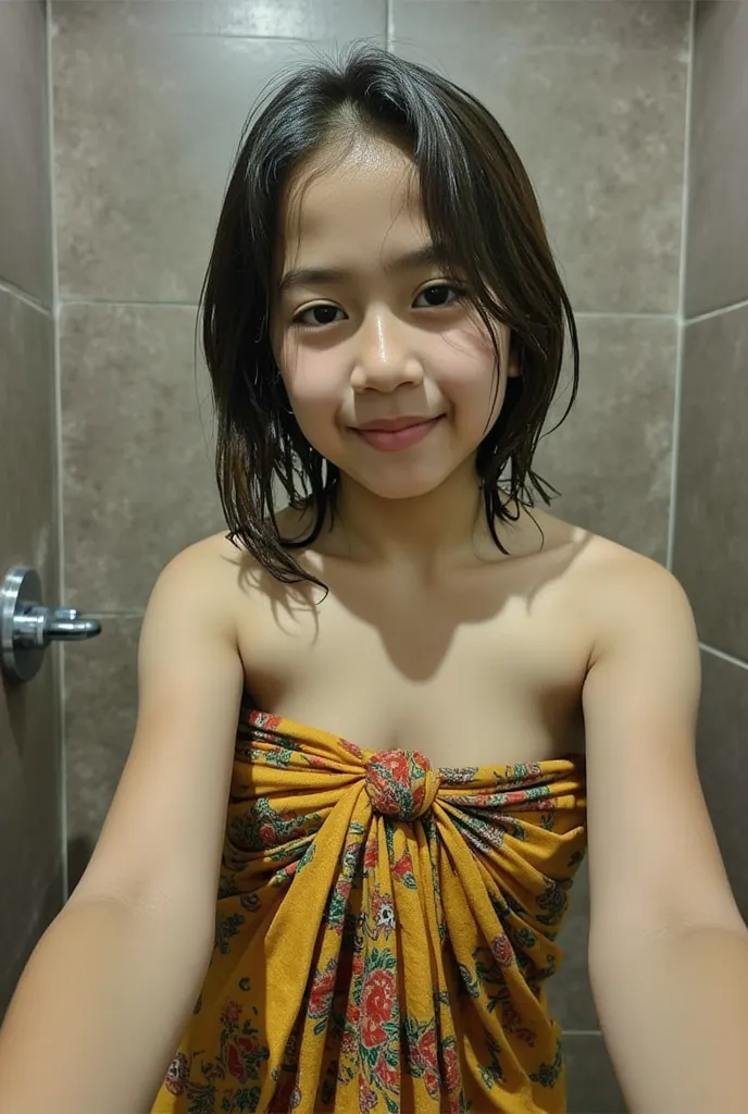 cute indonesian 12-years-old girl, wet hair, a bit chubby, wearing sarong, upper body, bathing under the shower,  selfie in the bathroom, Look at the viewer, wide angle full body shot,