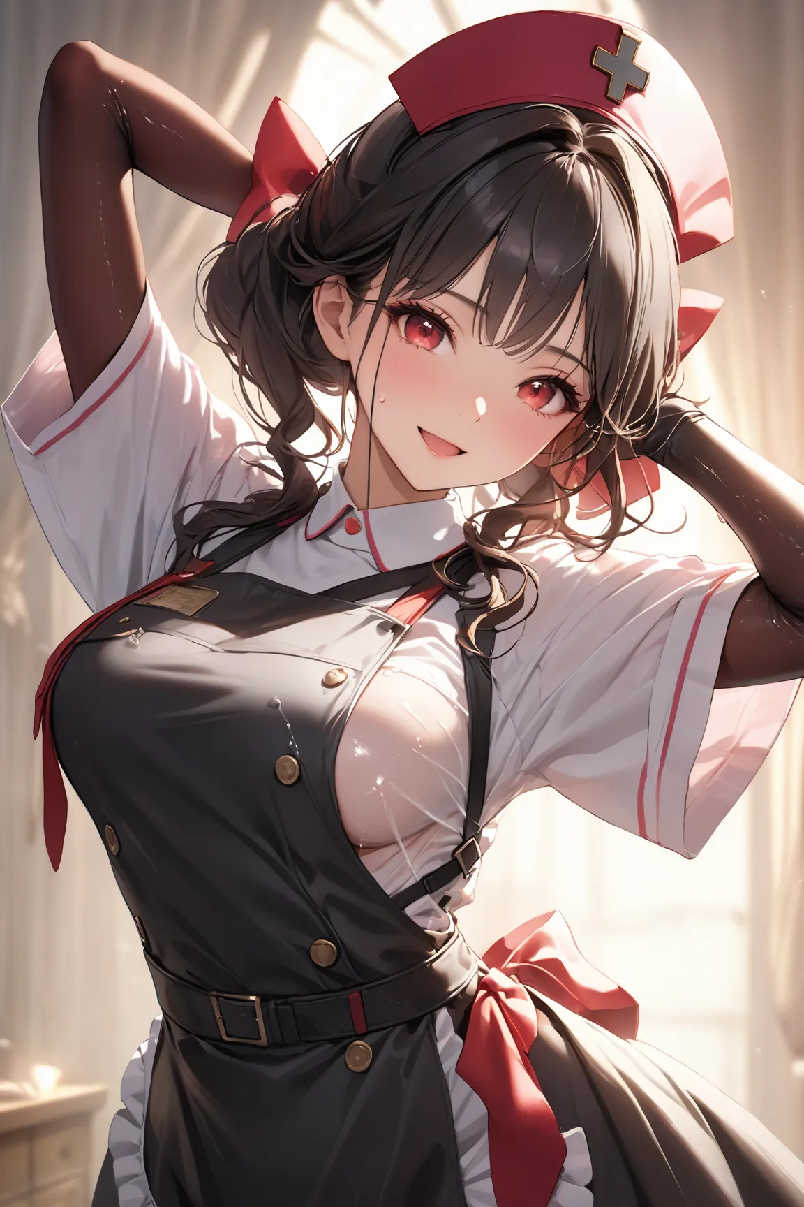 skrdef, red eyes, black hair, bangs, hair bow, red bow, 

single braid, black nurse cap, double-breasted grey apron, chest belt, elbow gloves, crinoline, black pantyhose, 

shiny skin, shiny, 

one girl,  Compatible with first-person perspective , (masterp...