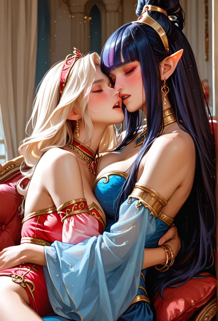 2 Liebestolle Succubus Women, dynamic stretch poses, blush, detailed beautiful eyes, Genie costumes, sexy, long hair, beautiful, snuggling, lovely, orgasm face, mouth open 