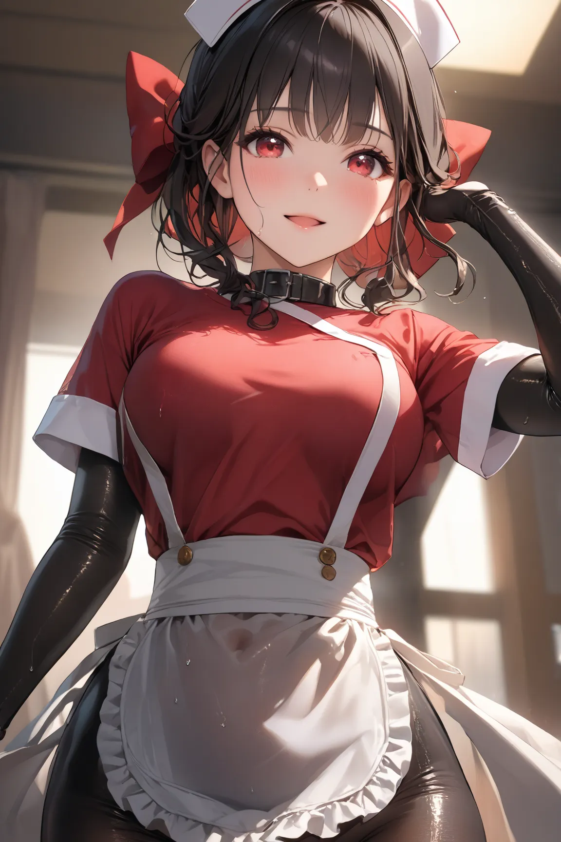 skrdef, red eyes, black hair, bangs, hair bow, red bow, 

single braid, black nurse cap, double-breasted grey apron, chest belt, elbow gloves, crinoline, black pantyhose, 

shiny skin, shiny, 

one girl,  Compatible with first-person perspective , (masterp...