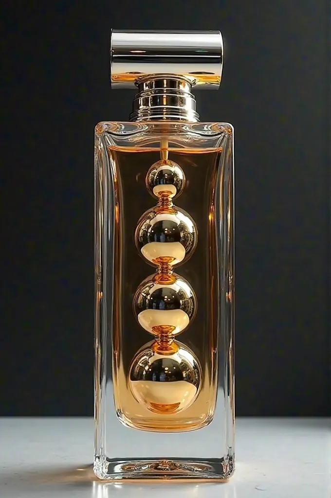 Create a perfume bottle for me its color is silver half gold in the bottle it has 3 deep spheres aligned vertically of the same size the bottle is long Rectangular Thin