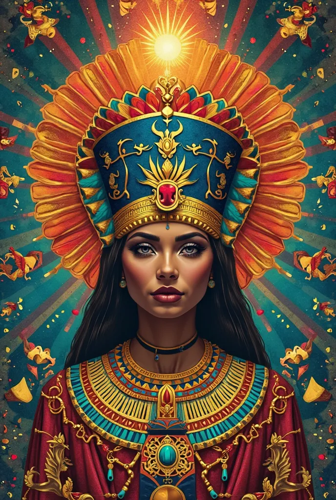 "Create a print for an Ancient Egypt-themed Carnival jumpsuit, with dimensions of 45x95 cm. The print must be vibrant, colorful and full of details.  at the top ( from chest up), include three faces large and iconic:

Um Pharaoh de perfil, usando uma crown...