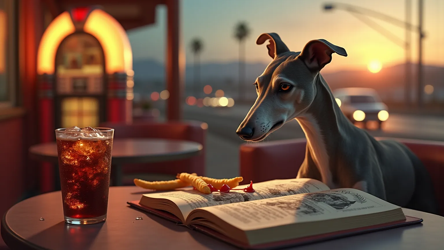 "A slender Greyhound sits at an outdoor diner table, lazily nibbling on a fry dipped in ketchup. A fizzy cola with ice cubes clinking rests beside the book, condensation running down the glass. The dog’s long snout hovers over the book’s strange illustrati...