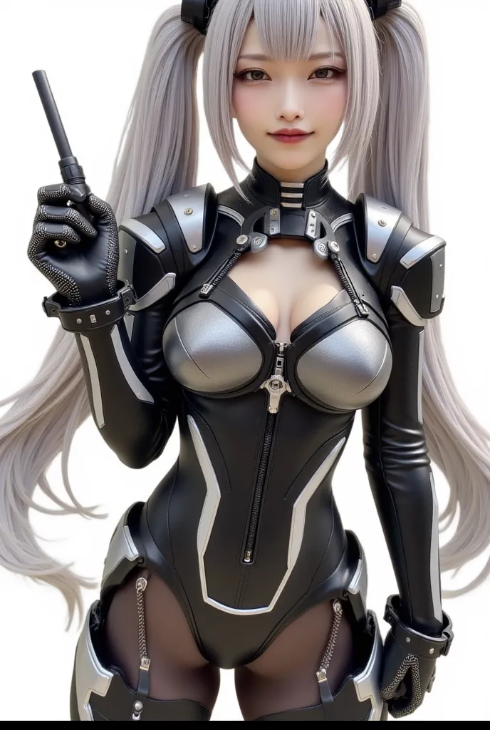 Japanese　　woman　　Space Station　(((twin tails　silver hair in two beds))) 　healthy skin color　 severe face 　Rounded outline　gentle eyebrows 　round eyes　sagitales　　cyberpunk　Armored Suit　Scouter with one eye　 face guard　Hold up an engagement gun　Random Poses　...