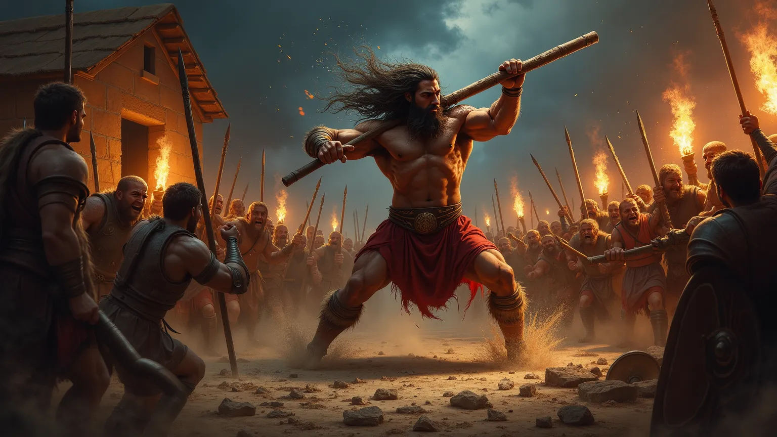 "A hyper-realistic digital painting of Samson in the middle of a desperate battle, surrounded by Philistine warriors at night. His massive, muscular body is covered in sweat and dust, his long, wild hair flowing with each movement. He grips a massive woode...