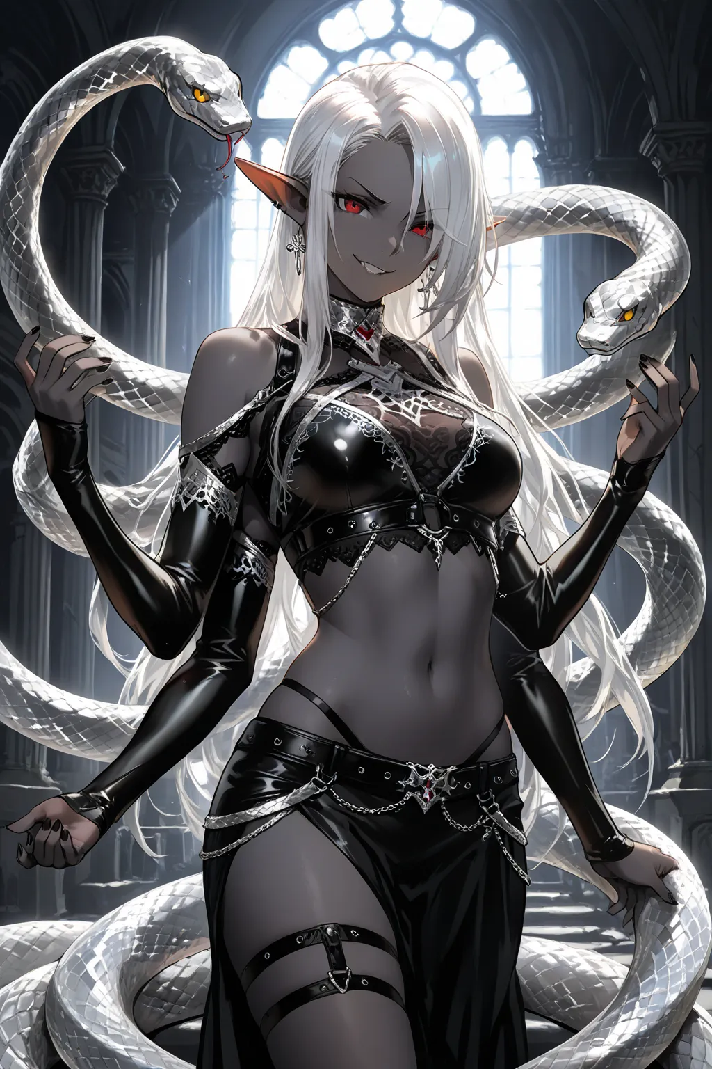 A female dark elf with dark-gray skin and the lower body of a gleaming silver snake, and long white hair, wearing black leather bdsm straps with silver embroidery, she has 6 arms , predatory smirk expression, inside a gothic temple, exuding a dark fantasy ...