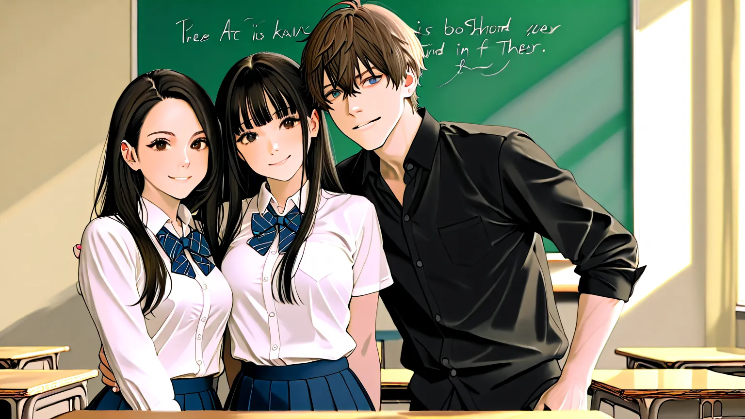 an 18-year-old high school boy and girl are talking in the classroom、smile、blackboards and classroom desks are depicted、There is nothing written on the blackboard and there are traces of slight erasure、They are both wearing uniforms、Boys have darker hair、W...