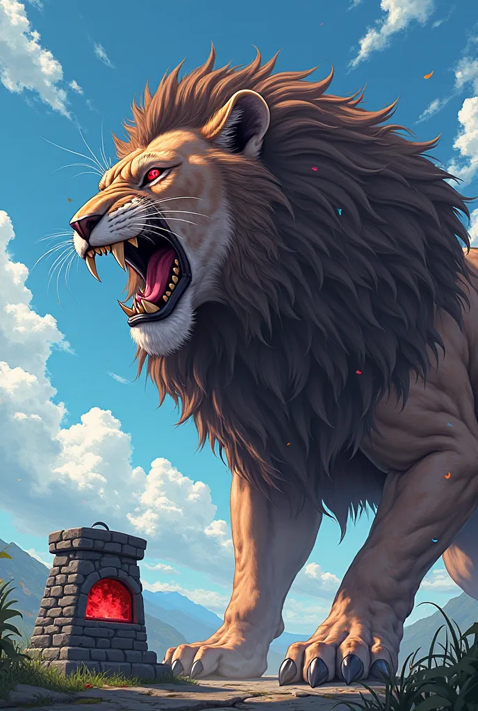  Anime style, anime illustration, anime mutant lion with red eyes, evil, his mouth is open with fangs, worth a stone stove, A bright sunny day, His body is turned to the left,  bright blue sky