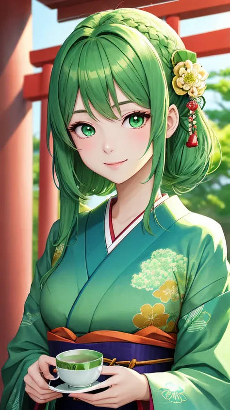 (masterpiece:1.4, best quality:1.3, highly detailed:1.3, full color:1.4, colorful:1.4, detailed portrait:1.4, beautiful young woman:1.5) BREAK
(anime style:1.3, pale light green hair:1.4, jade green eyes:1.3, gentle smile:1.2, elegant pose:1.3, japanese ki...