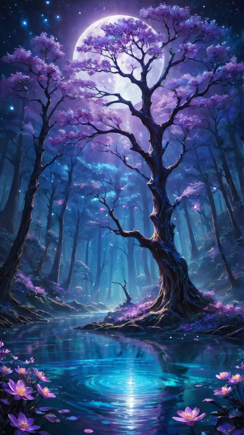 Create a mesmerizing, otherworldly landscape bathed in the soft, iridescent glow of three moons, each radiating a distinct hue - one in shades of azure, one in ethereal silver, and one in deep amethyst. In the foreground, an ancient, towering tree with iri...