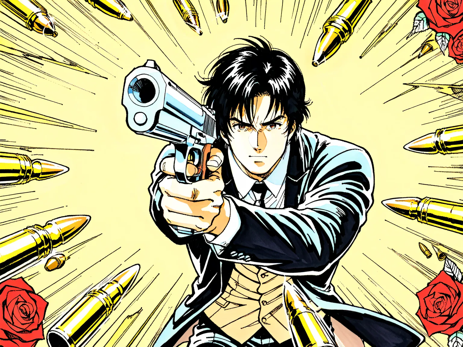 saeba ryo,1boy ,weapon,Alone,male focus,gun,traditional media,formal,flower,suit,rose,firing,necktie,handgun,red flower,marker (medium),black hair,holding gun,red rose,score_9,score_8_up ,(Bullet Time Dodge:1.5),Age up , sketch,(There is 1 bullet:1.5)