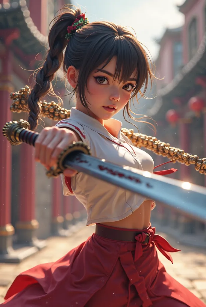 3D student girl holding sword 