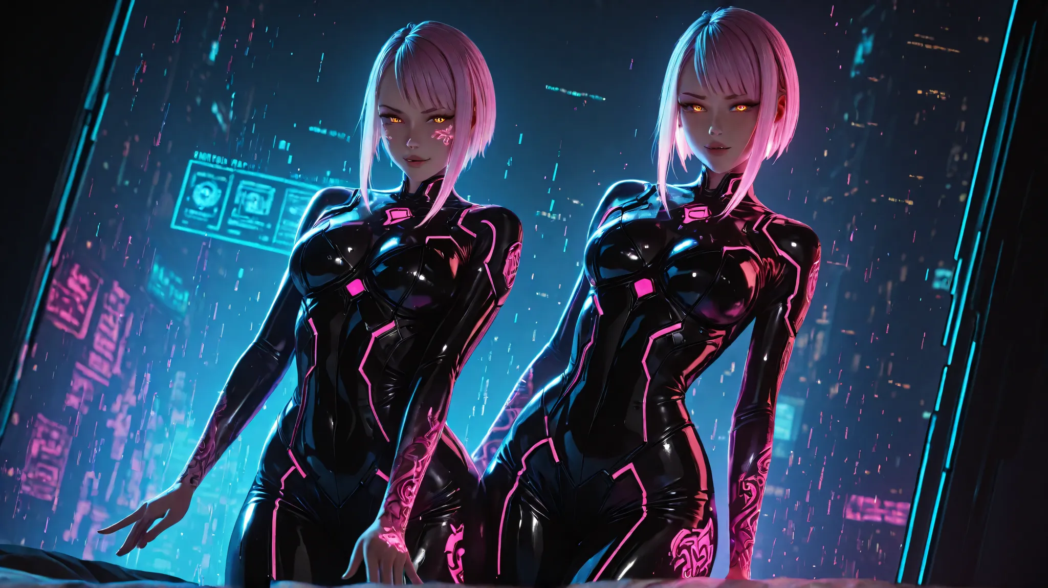 Lucy-style waifu in bodywave pose, glowing tech tattoos, cyberpunk bodysuit, wide hips, photoreal skin texture, neon glitch background, seductive facial expression, 3D render