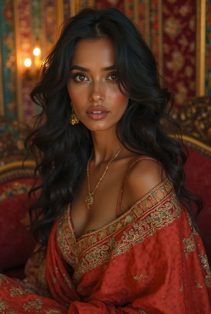 a beautiful indian girl in kurta, hot, half naked, sexy expression, detailed facial features, sensual pose, flowing hair, warm lighting, intricate kurta patterns, opulent indian interior, ornate decorations, dramatic chiaroscuro, vibrant colors, oil painti...