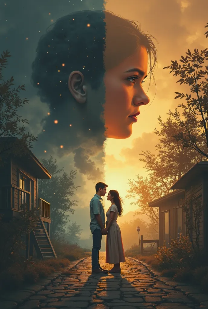 A visually striking digital painting depicting Daniel and Rakshana at different life stages, symbolizing their emotional evolution. The scene is split into two halves: one side showcases their hood selves in contrasting settings—Daniel in a cold, structure...