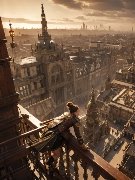 High overhead shot, overlooking a massive Victorian steampunk city from a soaring airship, 2 brave female pilot in elaborate steampunk goggles and brass-adorned jacket, leaning over the rail to observe the gear-filled rooftops below, sepia cinematic tones