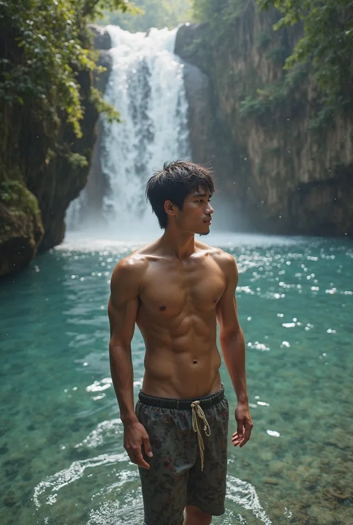 Young handsome Asian man stands undressing at Sai Yok Falls