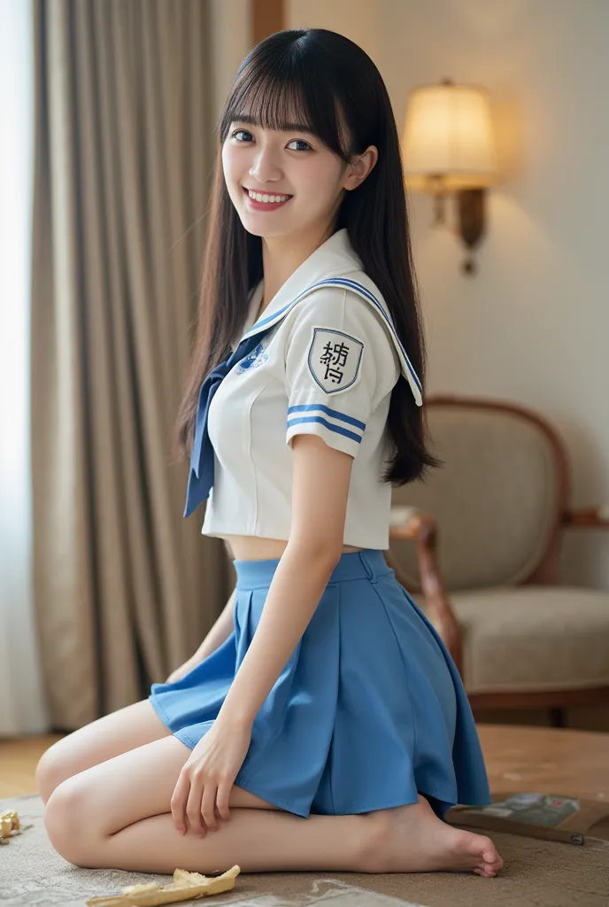   long dark hair、bangs、 sailor suit、large luxury room 、smile、cute、8k、 down to the details、Greatest Masterpiece、narrow waist,