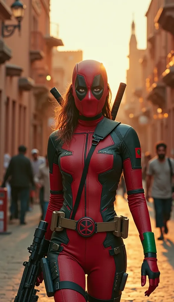 A Moroccan woman embodies Deadpool, her costume reflecting Morocco’s flag colors with a sleek, modern twist—using only red and green. The suit is streamlined and tactical, blending deep crimson and vibrant emerald green in a futuristic, armored aesthetic t...