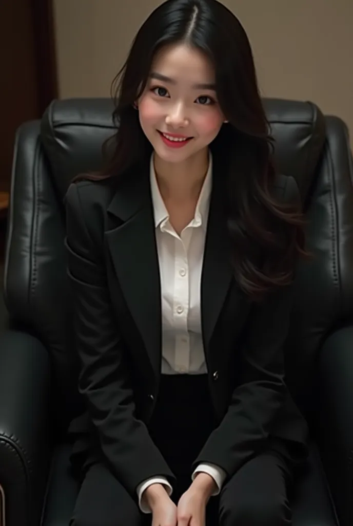 Very cute, young Korean woman, Wearing a black suit my jacket, is sitting in a black leather chair with pink lips. She wears a white shirt in a dark office, is well-buttoned, and, wearing dark black suit spandex pants. has very long, light black hair that ...