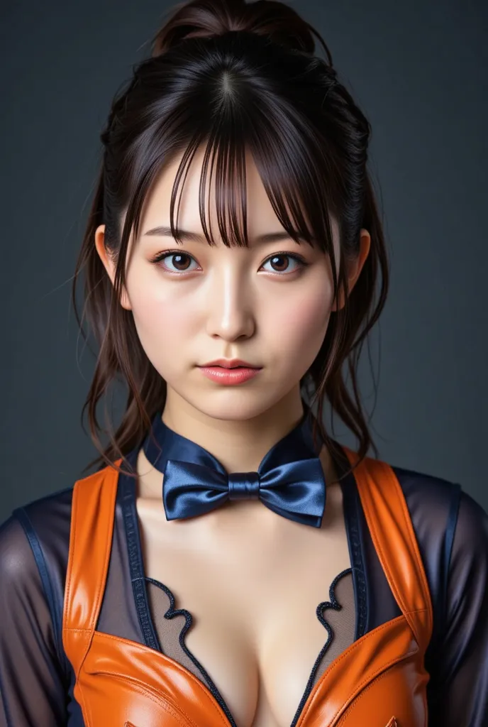 very detailed, a photorealistic image of a beautiful female model with very long hair、It depicts five vivid colors. (silver,   orange, wait.). her face is incredibly cute, Piercing eyes that show a very detailed fusion of features and traditional clothing....