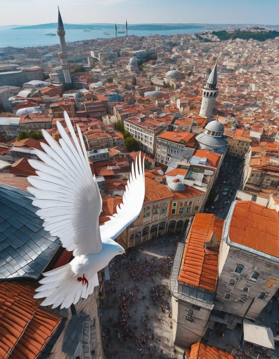 from the top of the galata tower in istanbul, put wings on your arms and draw a picture of a flying person