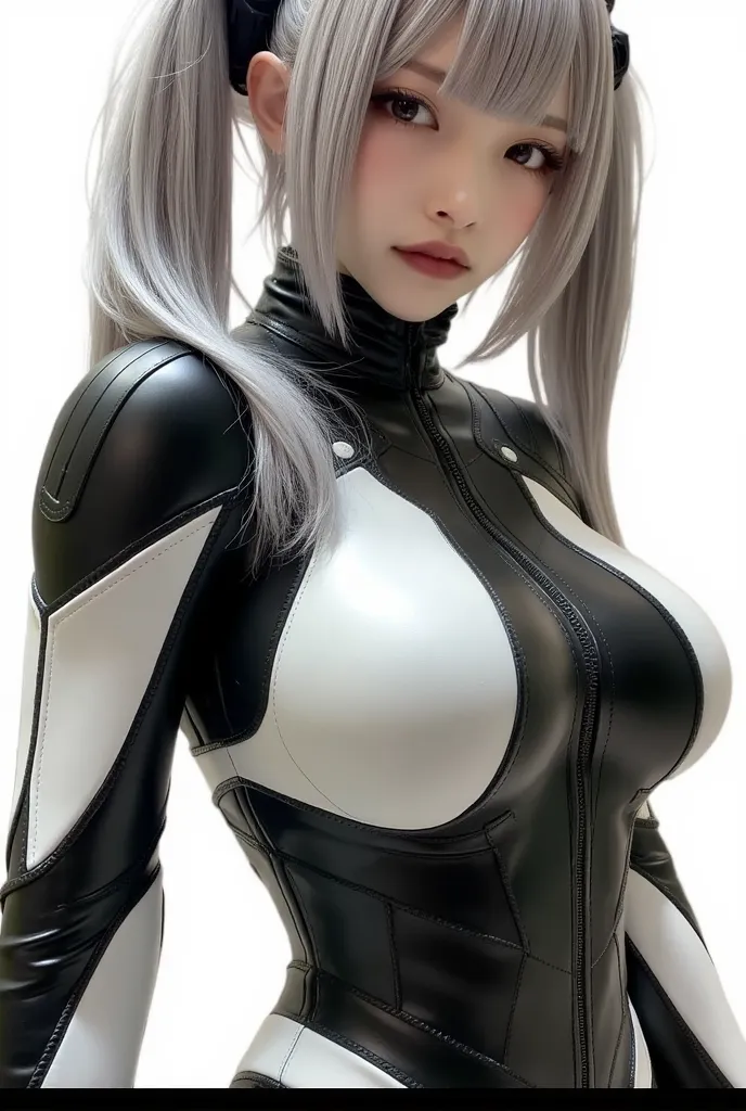 Japanese　　woman　　Inside cosmic rays　(((twin tails　silver hair in two beds))) 　healthy skin color　 severe face 　Rounded outline　gentle eyebrows 　round eyes　sagitales　　cyberpunk　white and black armored suit　　face guard an engagement gun　　face guard an engage...