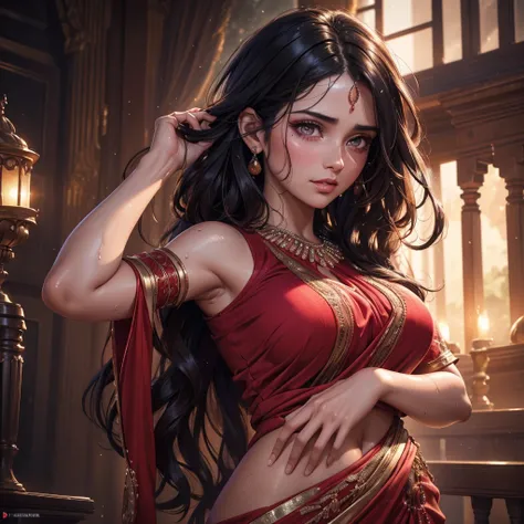 Only Single beautiful  Pakistani princess, wearing a tighten extremely wet red vest blouse and saree, long wavy black hair, (visible most extremely sweat dripping from armpits 90 .9), (fully body covered in most extremely glistening and most shining sweat ...