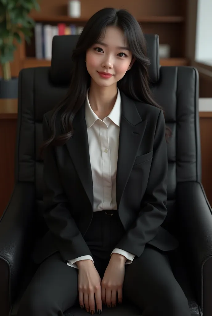 Very cute, young Korean woman, Wearing a black suit my jacket, is sitting in a black leather chair with pink lips. She wears a white shirt in a dark office, is well-buttoned, and, wearing dark black suit spandex pants. has very long, light black hair that ...