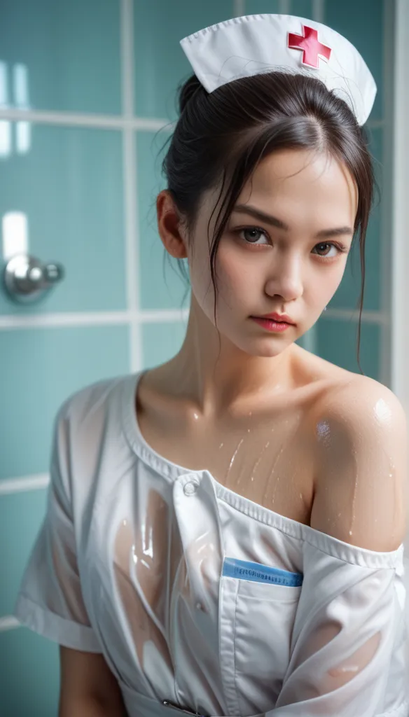 (best quality, ultra high definition, realistic:1.7), (very young girl:2.3),  Japanese Beauty, lovely face, Absent Eye, beautiful eyes, wet hair ,   Nurse,  staring at the viewer , off shoulder, wet, wet soaked uniform, angry